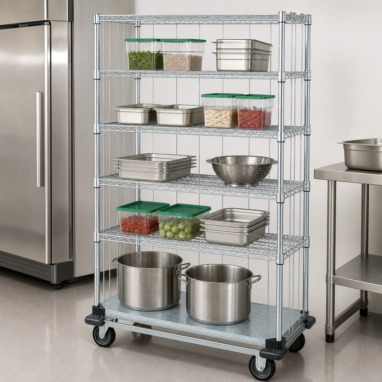 Product image #3 for Quantum Mobile Enclosure Cart Wire Shelving Unit with 5 Shelves, 60W x 18D x 70H, Chrome Plated