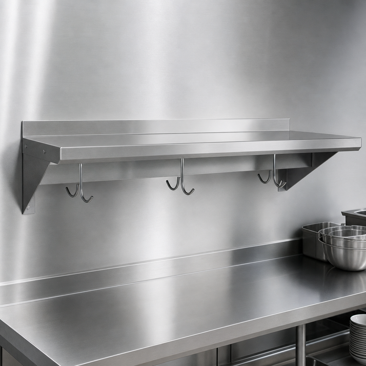 Product image #3 for BK Resources Premium 96-Inch x 16-Inch T-304 Stainless Steel Wall-Mount Overshelf with Pot Rack