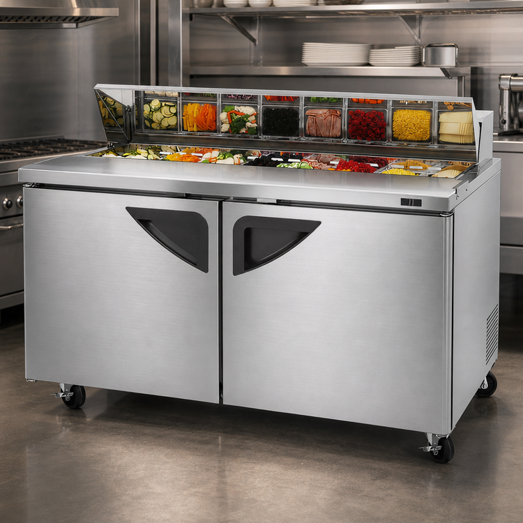Product image #3 for Turbo Air Super Deluxe 60-Inch Two-Section Sandwich/Salad Prep Table, 16.0 Cu. Ft., 16-Pan Opening, Rear-Mounted Self-Contained Refrigeration