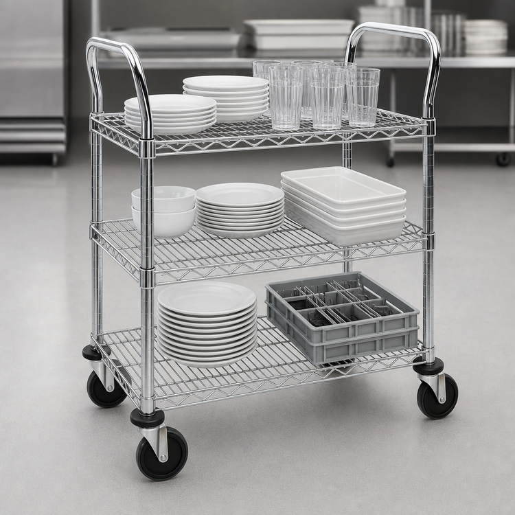 Product image #3 for Metro Super Erecta MW703 Standard Duty 3-Shelf Open Chrome-Plated Utility Bus Cart