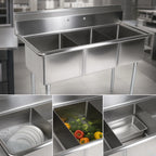 Thumbnail image #3 for John Boos E3S8-1620-12-X 3-Compartment Stainless Steel Sink, 53"W, 16" x 20" x 12" Bowls, 9-3/4" Backsplash, Galvanized Legs