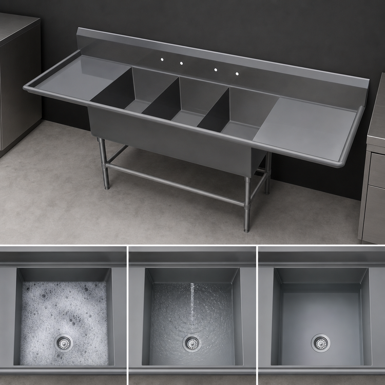 Product image #3 for John Boos Pro-Bowl Floor Model 3-Compartment Stainless Steel Sink with 24" x 24" x 12" Bowls and Dual 30" Drainboards
