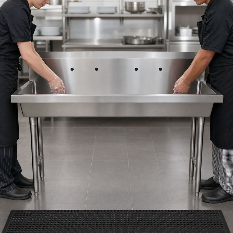 Product image #3 for Two-Station Freestanding Stainless Steel Hand Wash Sink, 60-Inch Wide