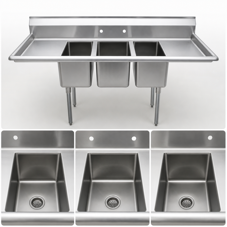 Product image #3 for Advance Tabco Special Value Series 3-Compartment Convenience Store Sink with Left & Right Drainboards, 58-Inch, 304 Stainless Steel