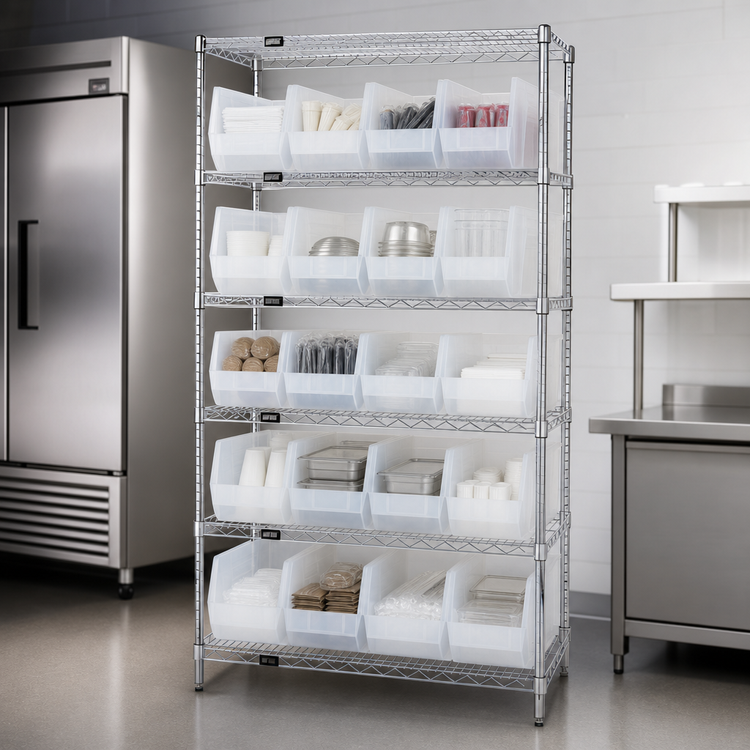 Product image #3 for Stationary 6-Shelf Wire Shelving Bin System with 20 Clear Containers, 36 x 18 x 74 Inches, Chrome Plated