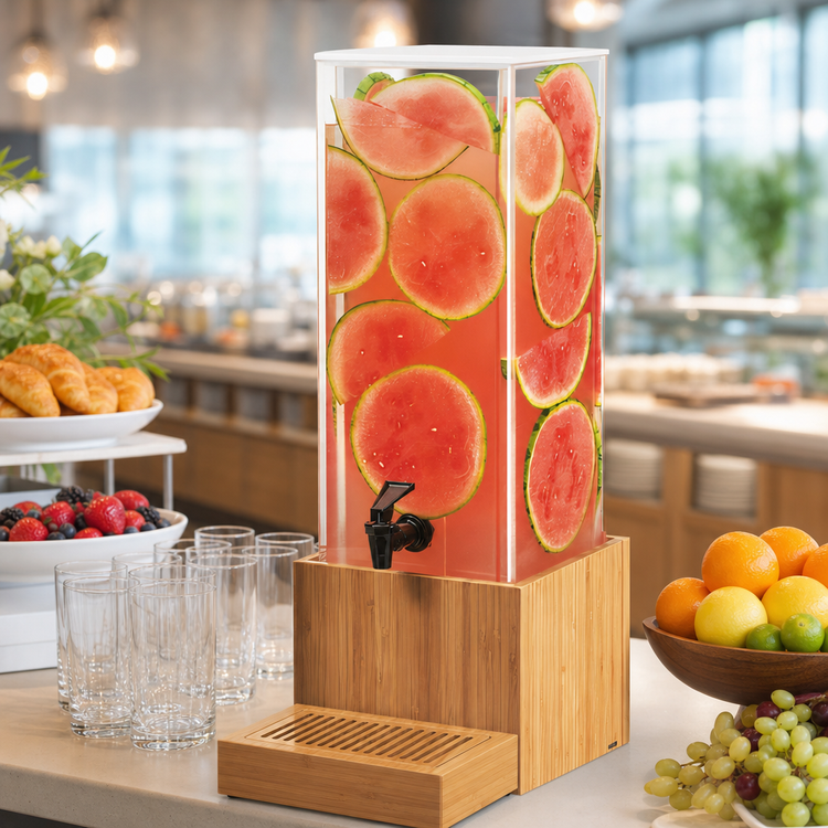 Product image #3 for Cal-Mil Bamboo 3 Gallon Square Beverage Dispenser with Bamboo Base and Drip Tray