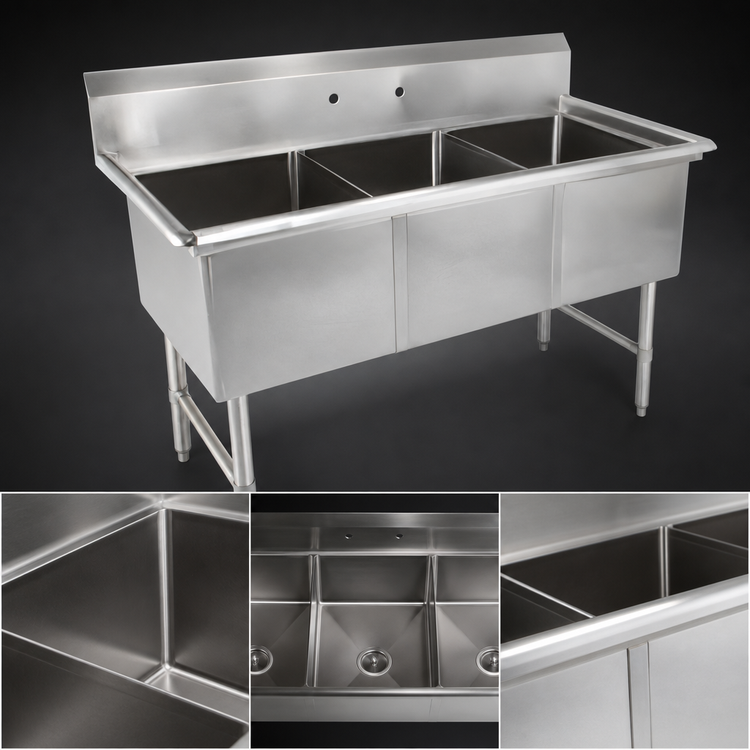 Product image #3 for John Boos 3B244 B-Series 3-Compartment Stainless Steel Sink with 10-Inch Backsplash