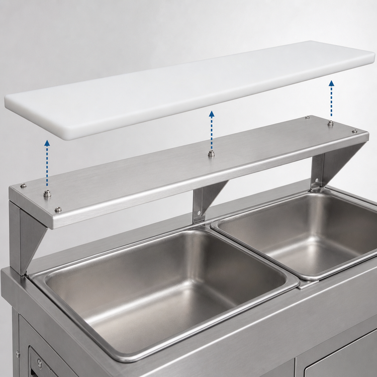 Product image #3 for Advance Tabco Triumph Supreme Stainless Steel Shelf with Removable 3/8 Inch White Poly Cutting Board for 2-Well Hot and Cold Food Units