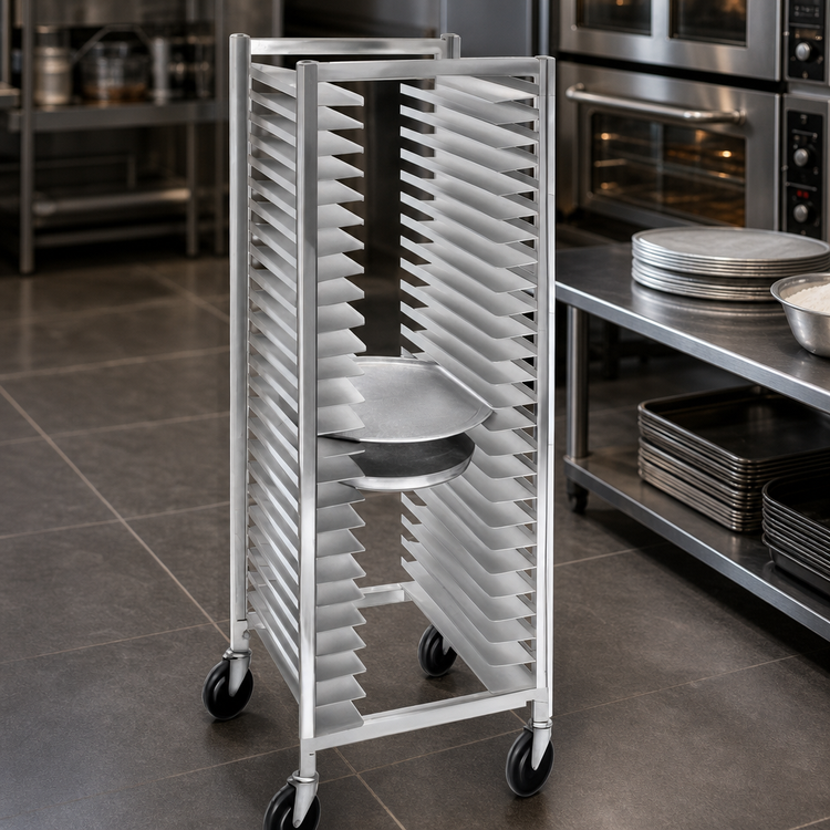 Product image #4 for Channel Manufacturing Aluminum Full-Size End-Load Pizza Pan Rack with 5-Inch Swivel Casters, 26-Pan Capacity