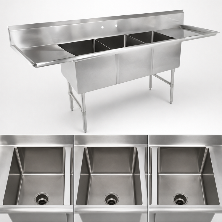Product image #3 for John Boos B Series 3-Compartment Stainless Steel Sink with Dual Drainboards