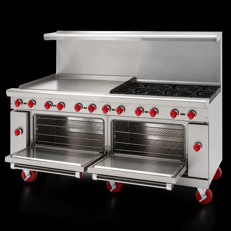 Product image #3 for American Range 72-Inch Gas Restaurant Range with 48-Inch Griddle, 4 Open Burners, and 2 Standard Ovens
