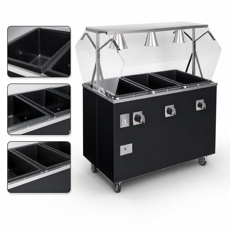 Product image #3 for Vollrath 2-Series Affordable Portable Deluxe 3-Well Mobile Hot Food Station with Lighted Breath Guard