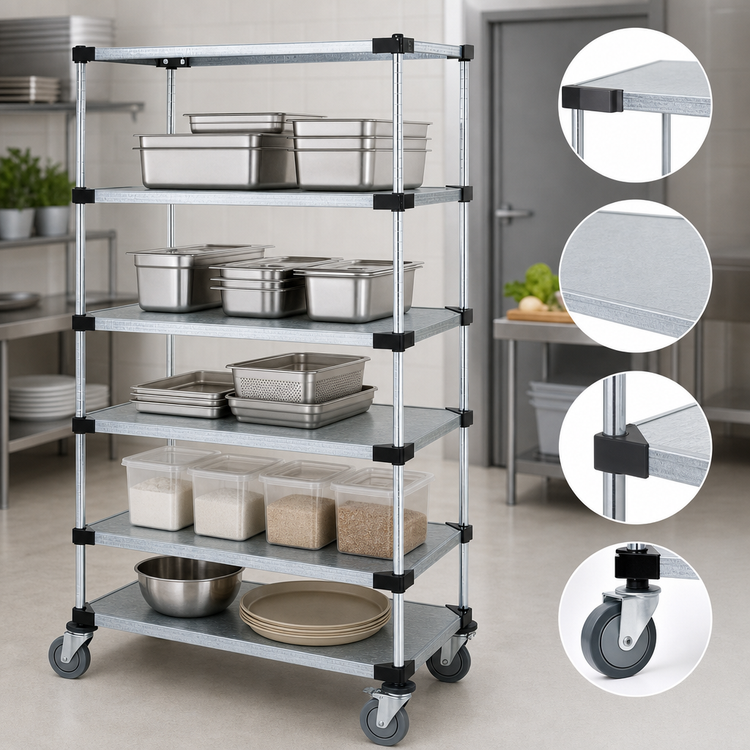 Product image #3 for Quantum 5-Shelf Mobile Shelving Cart with Solid Galvanized Steel Shelves, 48" W x 18" D x 80" H