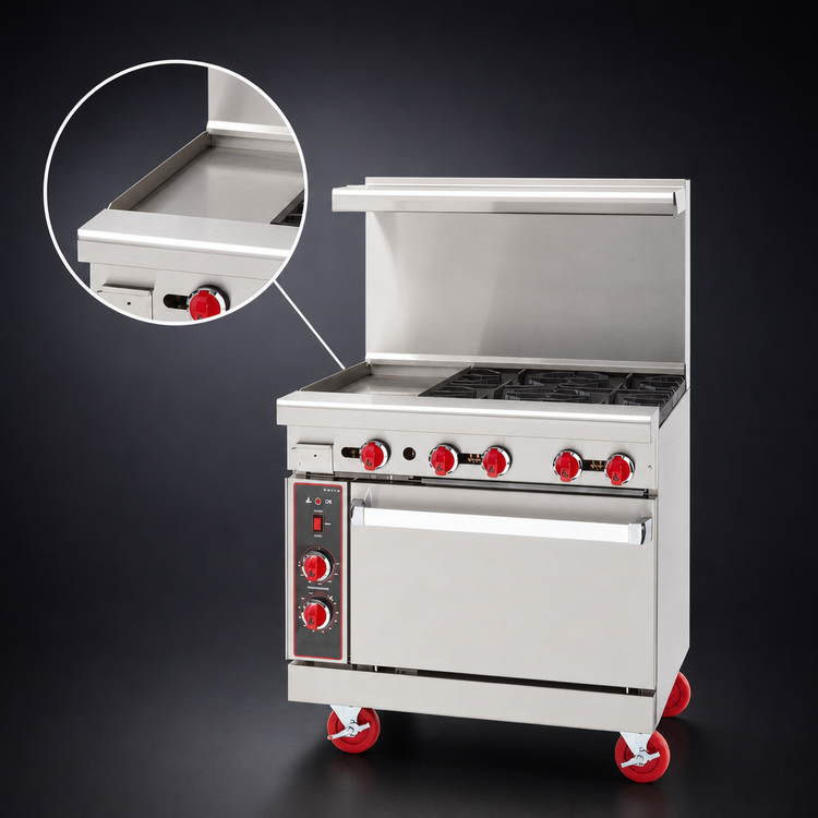 Product image #3 for American Range 36-Inch Commercial Gas Restaurant Range with Left 12-Inch Griddle, 4 Open Burners, and Storage Base