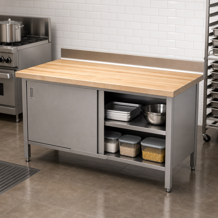Product image #3 for John Boos 72 Inch x 30 Inch Wood Top Work Table with Cabinet Base and Sliding Doors