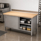 Thumbnail image #3 for John Boos EBSW7R4-3072 72" x 30" Wood Top Work Table with Cabinet Base, Sliding Doors, 1-3/4" Maple Top and 4" Backsplash