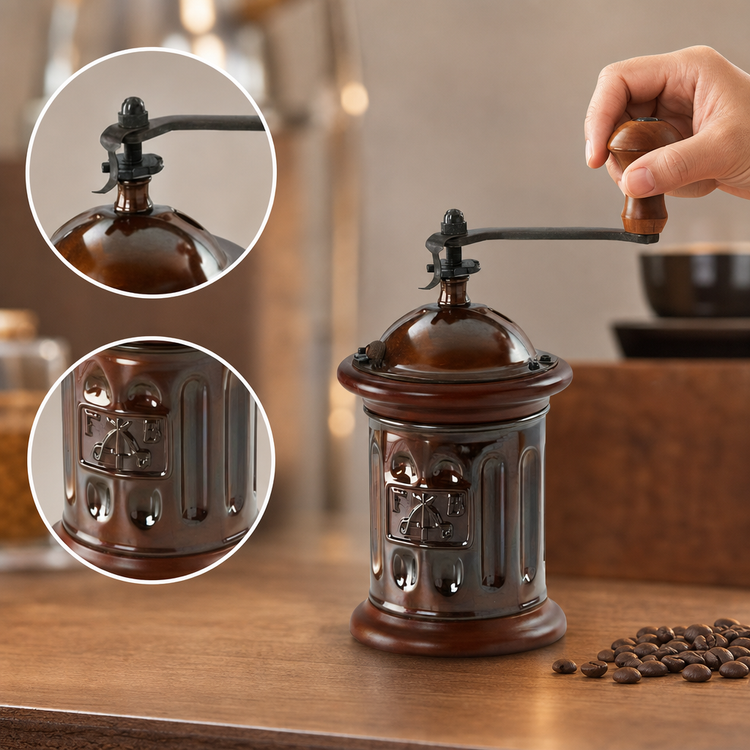 Product image #3 for TRE SPADE Manual Countertop Coffee Grinder with 100g Hopper, Hand Crank, and Beech Wood & Steel Construction