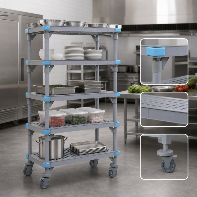 Product image #3 for Quantum Millenia Mobile Polymer Starter Shelving Unit with 5 Open Grid Shelves, 60 x 21 x 86 Inches, Gray