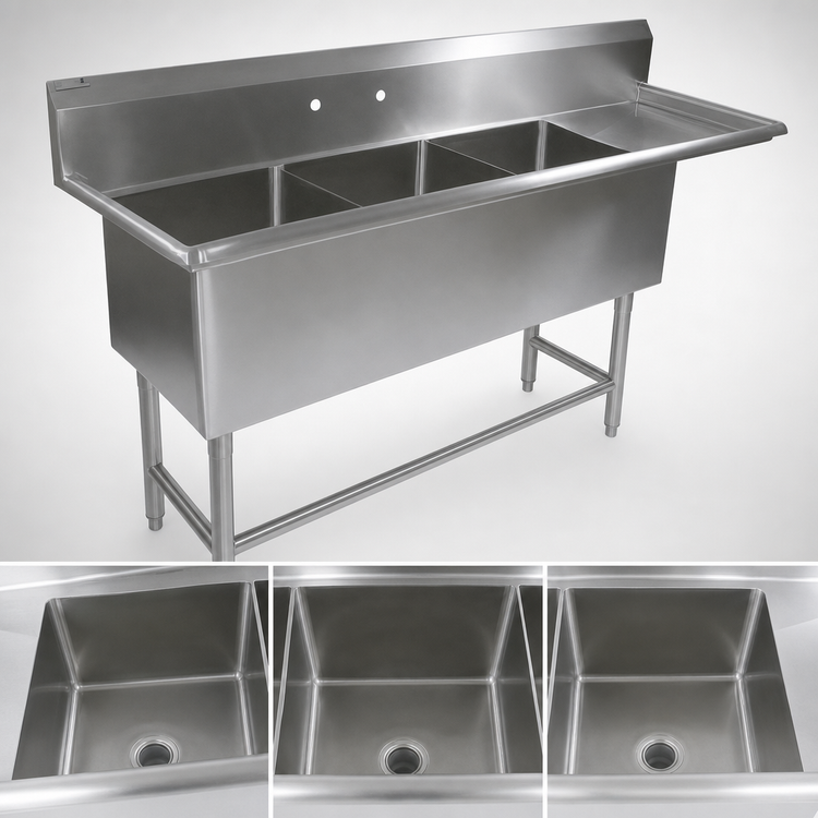 Product image #3 for John Boos Pro-Bowl 3-Compartment Sink with Right Drainboard, 18 x 24 x 12 Bowls, 14-Gauge 300 Series Stainless Steel