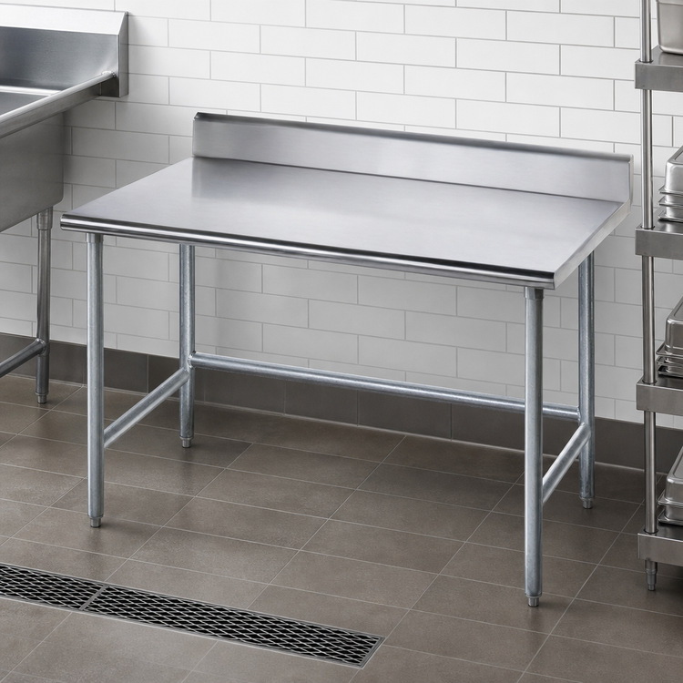 Product image #3 for Advance Tabco 48" x 30" 14-Gauge 304 Stainless Steel Work Table with 5" Backsplash and Galvanized Open Base