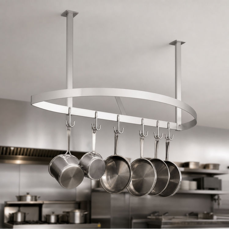 Product image #3 for John Boos Boat-Shaped Ceiling-Mount Stainless Steel Pot Rack with 9 Double Hooks, 31-1/4 x 18-1/8 x 48 Inches