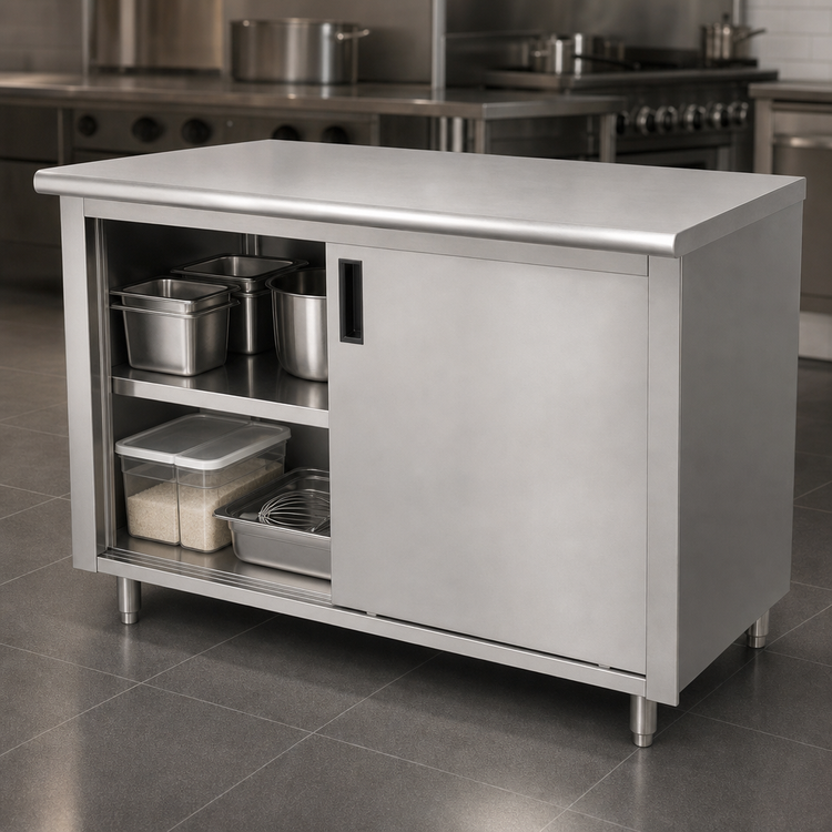 Product image #3 for Advance Tabco Special Value Series 48-Inch x 24-Inch Stainless Steel Enclosed Work Table with Sliding Door Cabinet Base