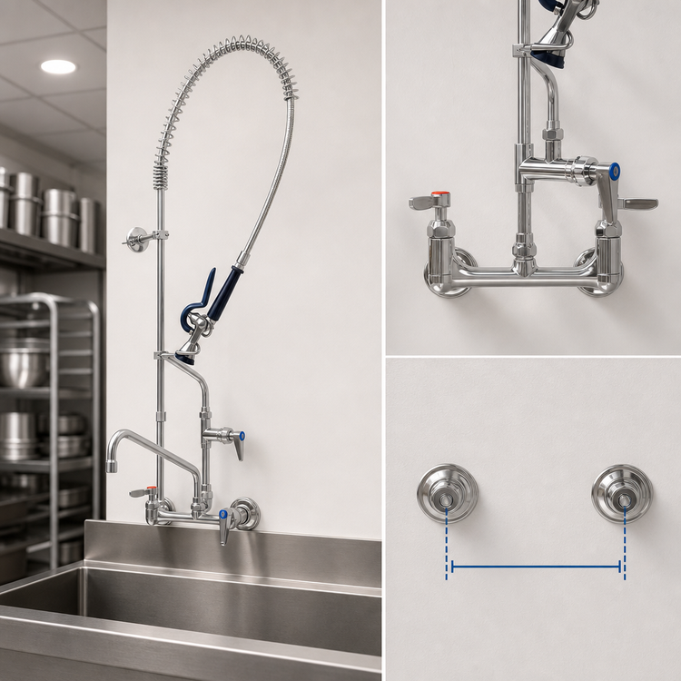 Product image #3 for T&S Brass EverSteel 8-Inch Wall Mount Pre-Rinse Mixing Faucet with 12-Inch Swing Nozzle and 44-Inch Hose