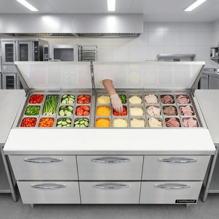 Product image #2 for Continental Refrigerator D72N30M-D Designer Line 72" Three-Section Mighty Top Sandwich Unit with Drawers