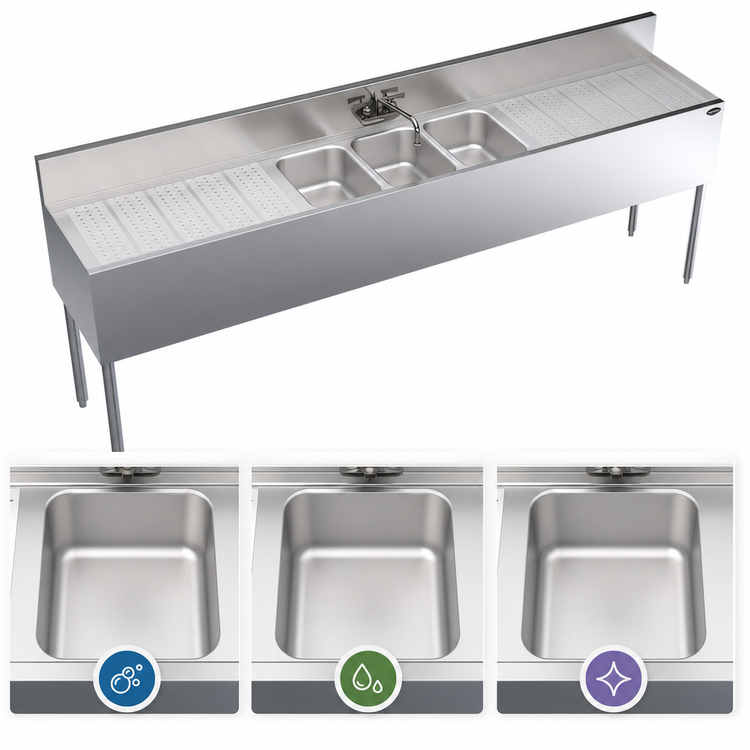 Product image #3 for Krowne Royal Series Three-Compartment Underbar Sink Unit with Dual 30-Inch Drainboards, 96W x 19D