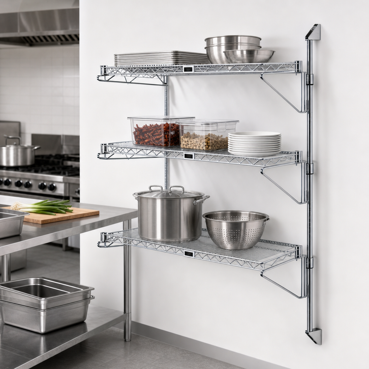 Product image #3 for Quantum Wall-Mounted Cantilever Wire Shelving Starter Unit with 3 Shelves and 54-Inch Posts