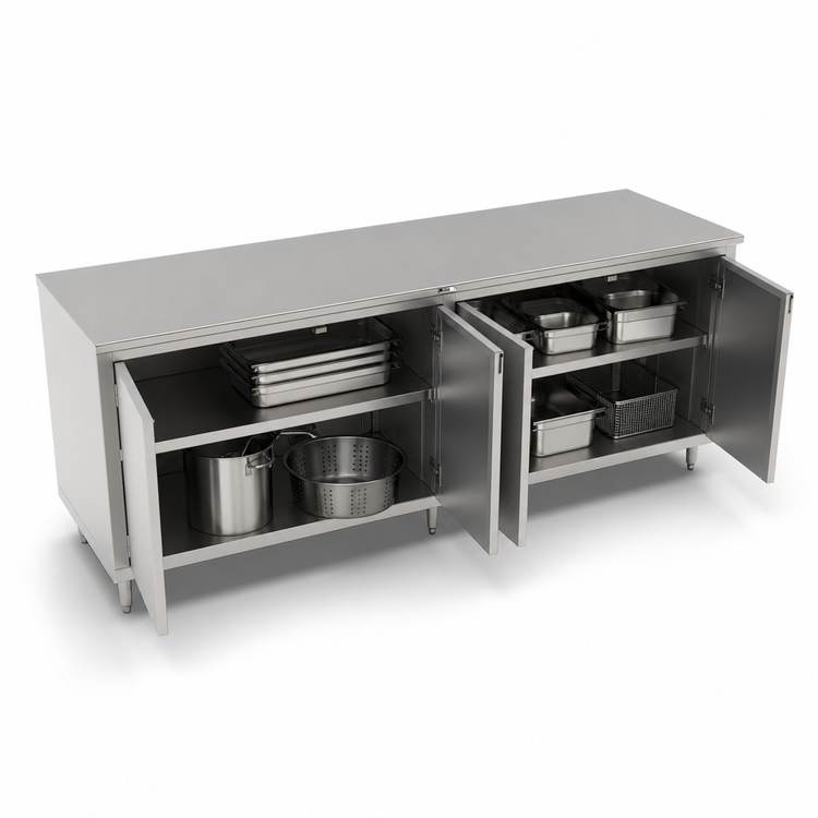 Product image #3 for John Boos Enclosed Stainless Steel Work Table with Cabinet Base, 120 x 24 Inches, 2 Hinged Doors