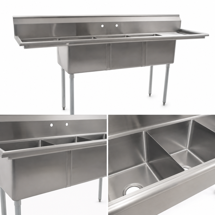 Product image #3 for Eagle Group BlendPort BPFE Series Economy 3-Compartment Sink with Right-Hand Drainboard, 24" x 24" x 12" Bowls, 16-Gauge 304 Stainless Steel