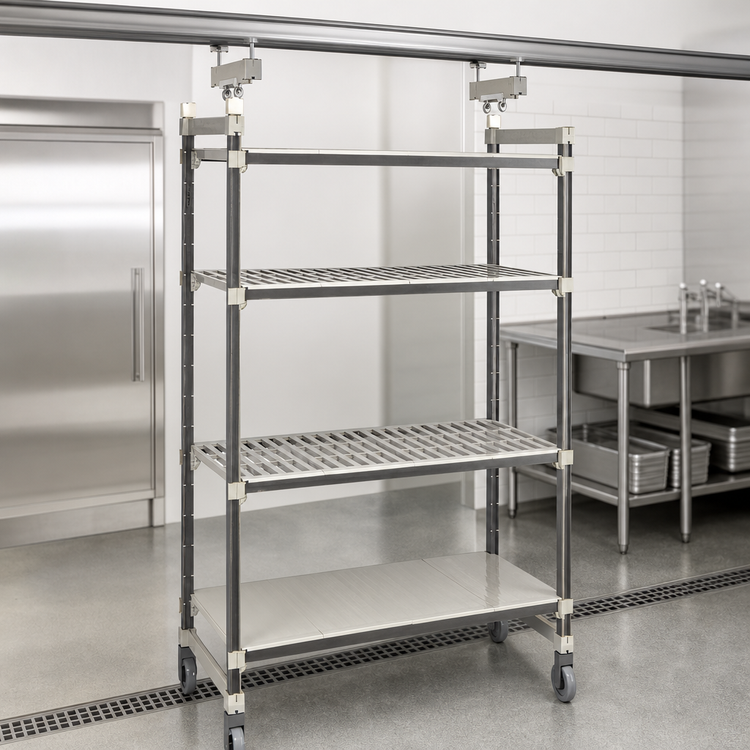 Product image #3 for Cambro Camshelving Elements XTRA High Density Top Rail Overhead Track Mobile Starter Unit, 18 x 48 x 80, 4-Tier, 3 Vented + 1 Solid