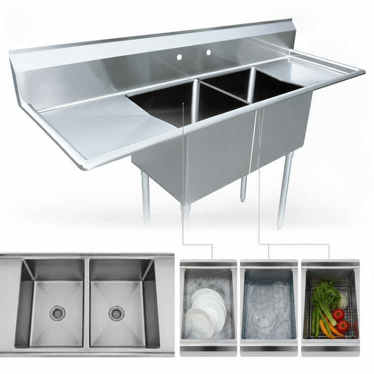 Product image #3 for Omcan USA 2-Compartment Pot Sink with Left and Right Drainboards, 24 x 24 x 14-Inch Bowls