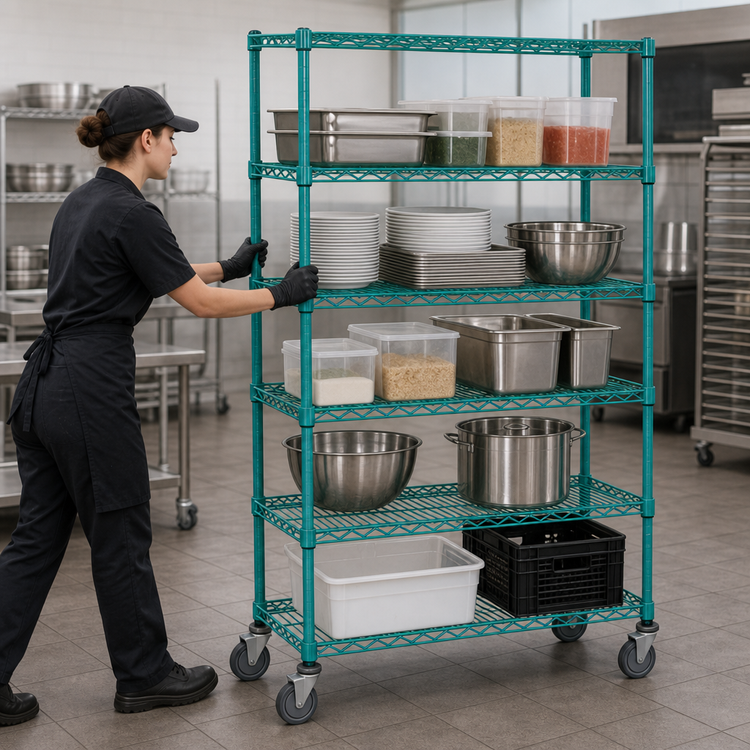 Product image #3 for Quantum Mobile Wire Shelving Cart, 60 x 24 x 69 Inches, 5 Shelves, Green Epoxy Coated