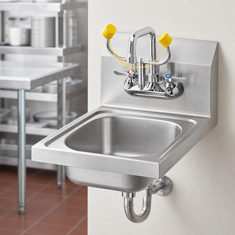 Product image #3 for Krowne 12-Inch Wall-Mount Hand Sink/Eyewash Station with Faucet, Overflow, and P-Trap