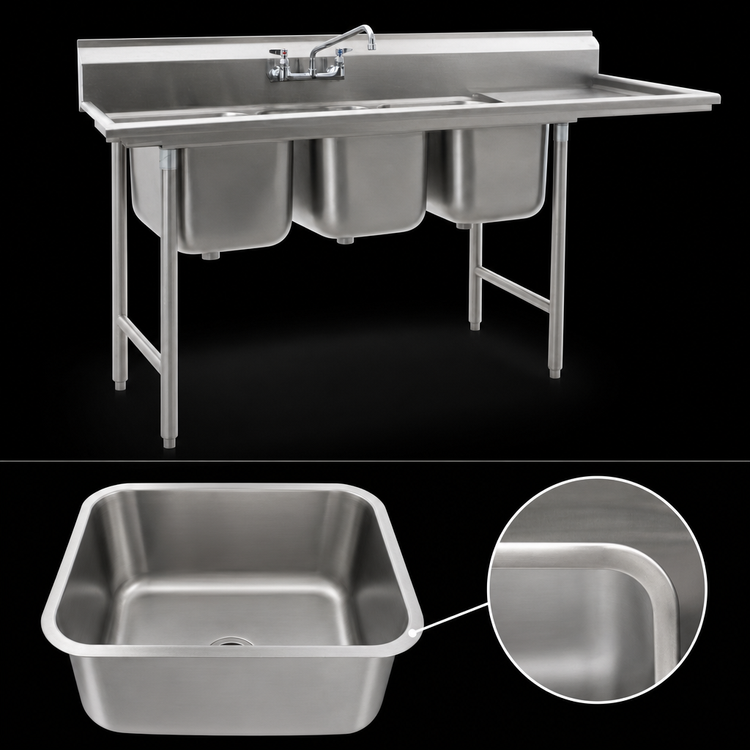 Product image #3 for Eagle Group 414 Series 104-3/4 Inch Wide Three-Compartment Sink with Right 24-Inch Drainboard, 24 x 24 x 13-1/2 Inch Bowls