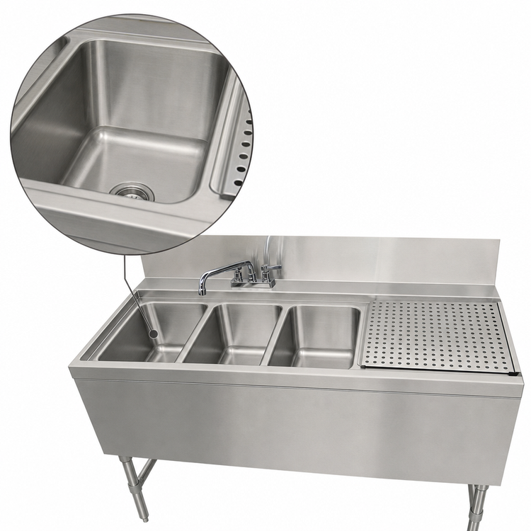 Product image #3 for Advance Tabco Prestige Supreme 3-Compartment Stainless Steel Underbar Sink Unit with Right Drainboard and Deck Mount Faucet, 48W x 25D x 36H