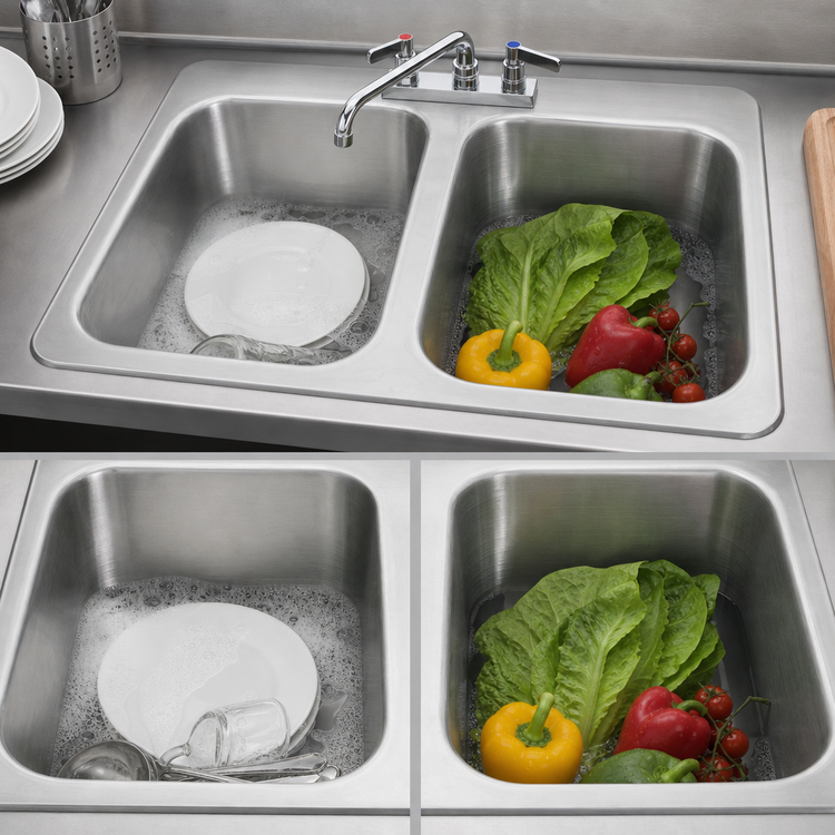 Product image #3 for Advance Tabco 33 1/2 Inch Two-Compartment Drop-In Sink with 14 x 16 x 10 Inch Bowls and 8 Inch Swing Spout Faucet