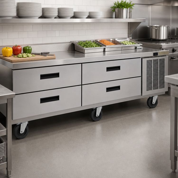 Product image #3 for Delfield Low Profile Refrigerated Equipment Stand, 80-1/4 Inch Wide, 4-Drawer, Side-Mounted Refrigeration