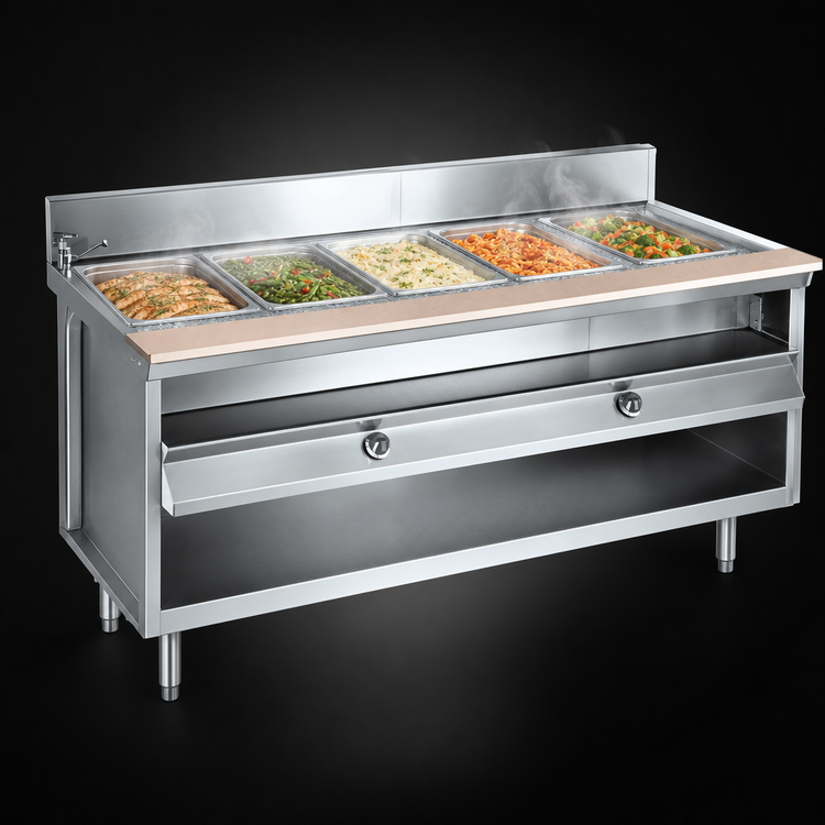 Product image #3 for La Rosa Electric Stationary Hot Food Table with Water Bath, 5 Pan Openings for 12 x 20 Pans, Open Cabinet Base, 72 x 28 Inches