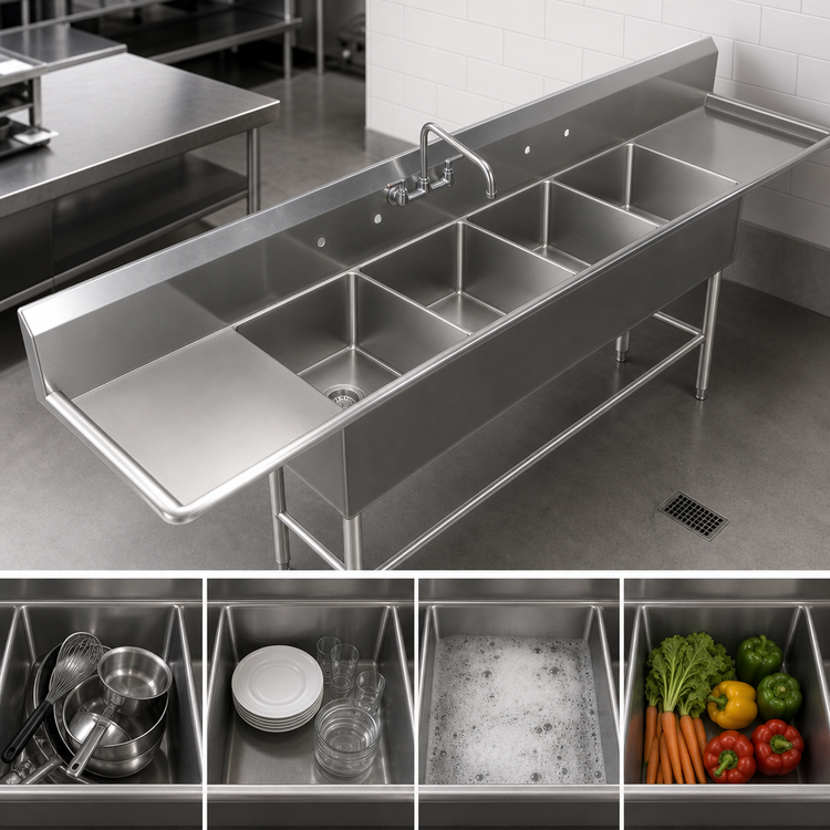 Product image #3 for John Boos Pro-Bowl 4-Compartment Commercial Sink with Left and Right Drainboards