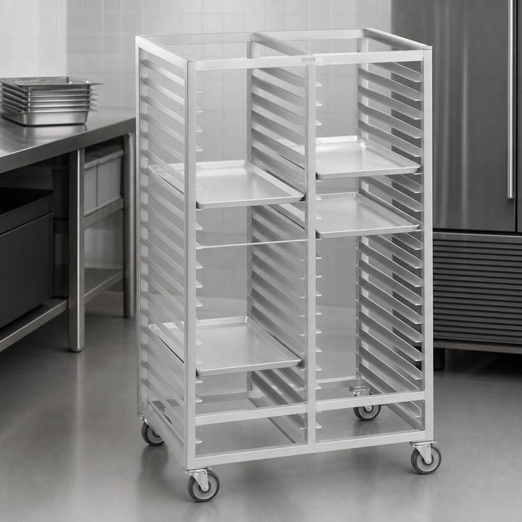 Product image #3 for Standard Series Double-Section Aluminum Cafeteria Tray Rack with 5-Inch Swivel Plate Casters, 64-Inch, 36-Tray, 15 x 20-Inch
