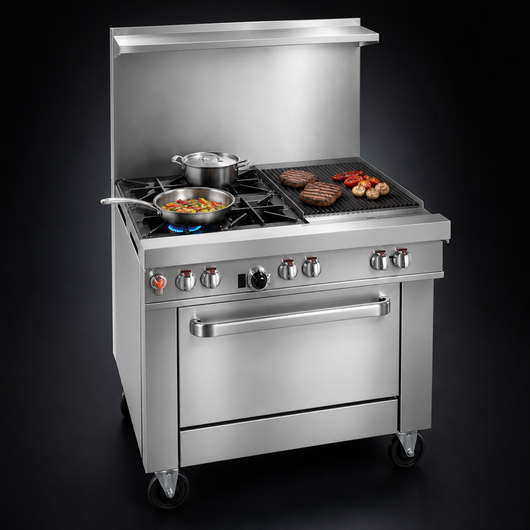 Product image #3 for Southbend Ultimate 36-Inch Commercial Gas Restaurant Range with 2 Open Burners, 24-Inch Charbroiler and Cabinet Base