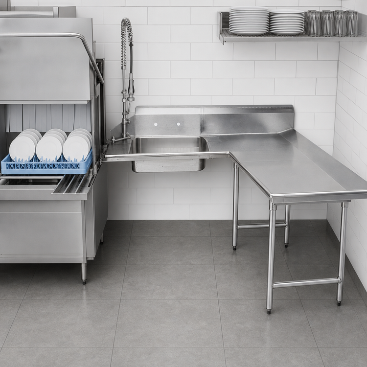 Product image #3 for Advance Tabco L-Shaped Right-Hand Dish Landing Soil Dishtable with Pre-Rinse Sink, 107 Inch Long, 14/304 Stainless Steel