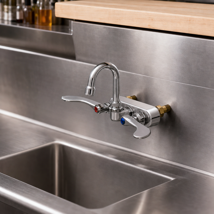 Product image #3 for T&S Brass B-1115-131X-WH4 Wall-Mount Workboard/Bar Sink Faucet, 4-Inch Centers, 3-Inch Swivel Gooseneck, Wrist Handles