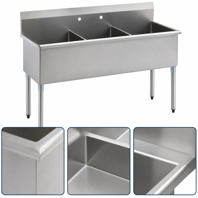 Product image #3 for Eagle Group Three-Compartment Floor Model Utility Sink, 61-3/8 Inch x 28 Inch, 16-Gauge 430 Stainless Steel, No Drainboards