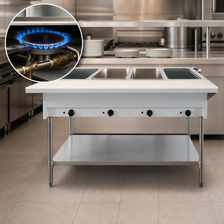 Product image #3 for Omcan USA Natural Gas Open Well Steam Table with 4 Full-Size Pan Capacity, Cutting Board, and Undershelf