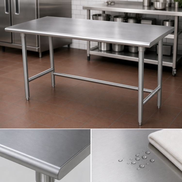 Product image #3 for Advance Tabco Premium Series Flat Top Open Base Work Table, 108" W x 36" D, 14-Gauge 304 Stainless Steel Top, Galvanized Legs