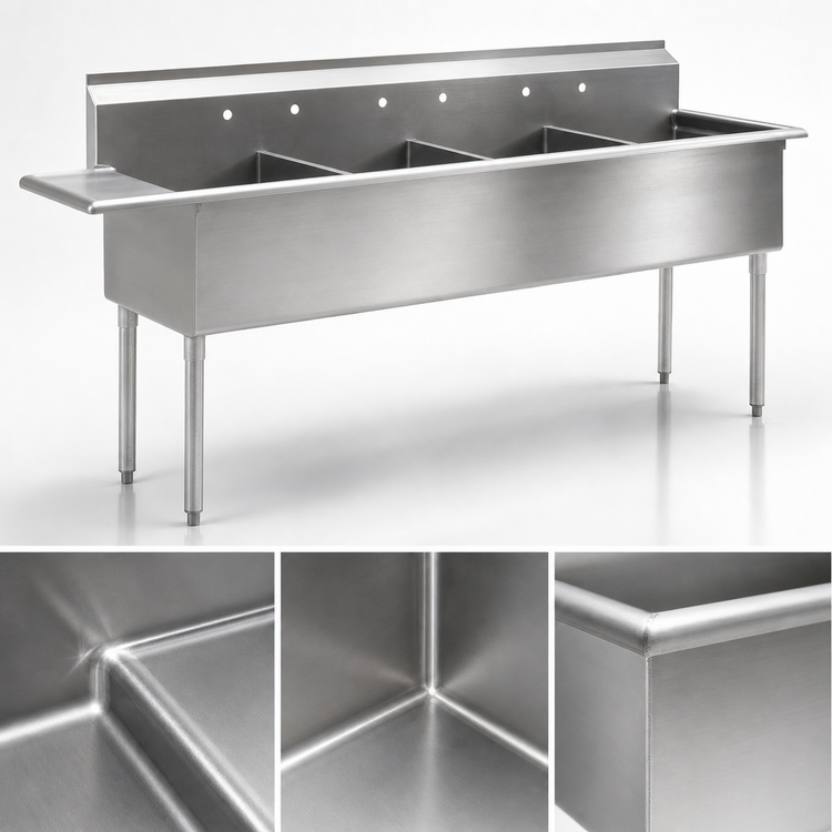 Product image #3 for Eagle Group Four-Compartment Utility Sink with Left and Right Drainboards, 304 Stainless Steel, 108-1/4 Inch Wide